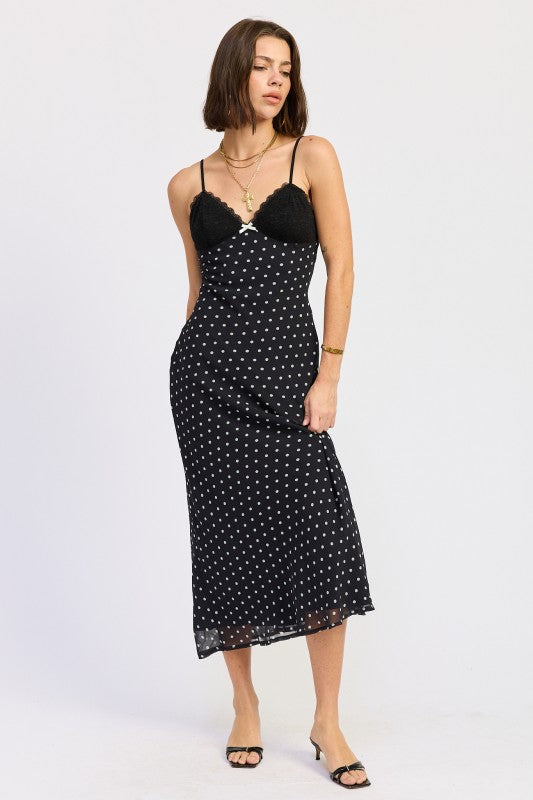 MIDI SPAGHETTI  STRAP DRESS WITH LACE DETAIL