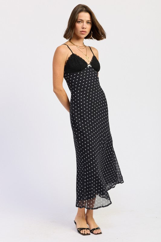 MIDI SPAGHETTI  STRAP DRESS WITH LACE DETAIL