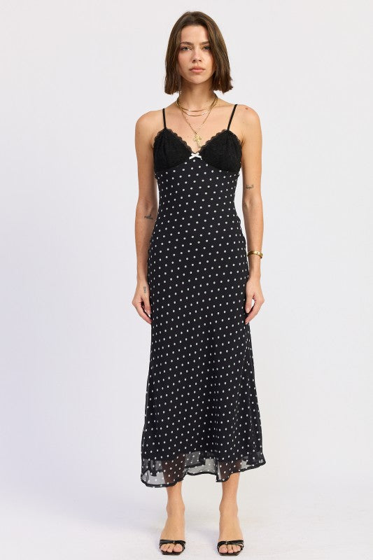MIDI SPAGHETTI  STRAP DRESS WITH LACE DETAIL