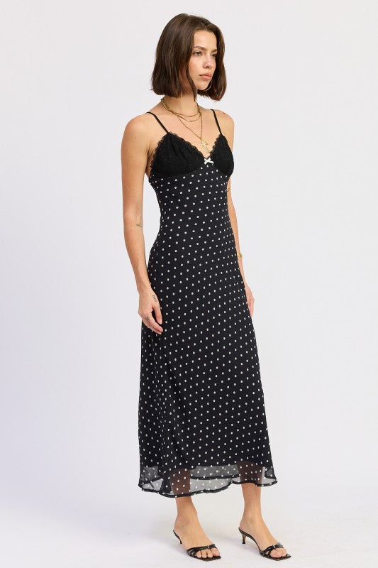 MIDI SPAGHETTI  STRAP DRESS WITH LACE DETAIL
