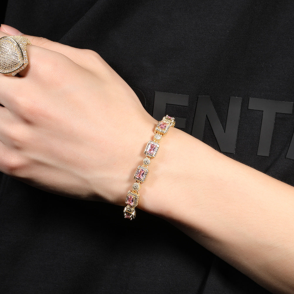 Copper inlaid pink zircon hip-hop bracelet