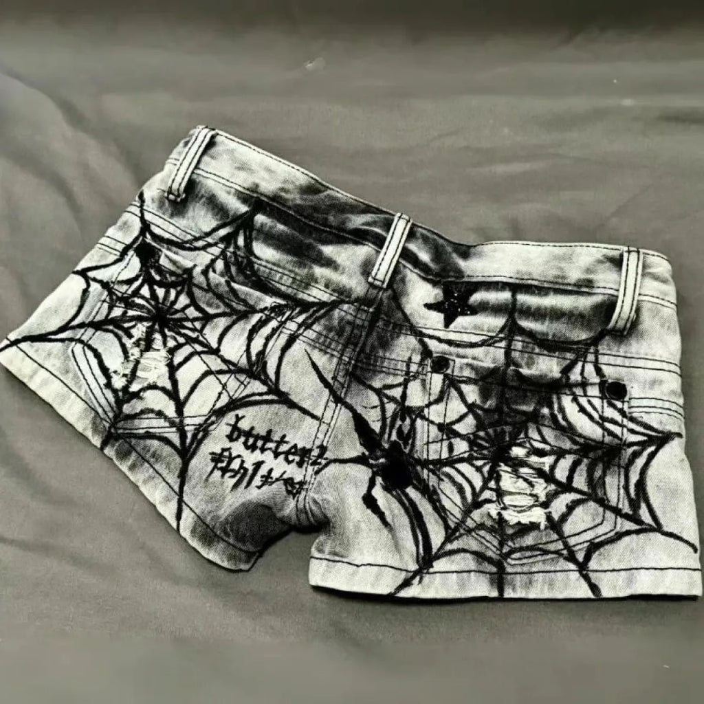 Y2K Punk Spider Web Denim Shorts – Low Waist Skull Star Print